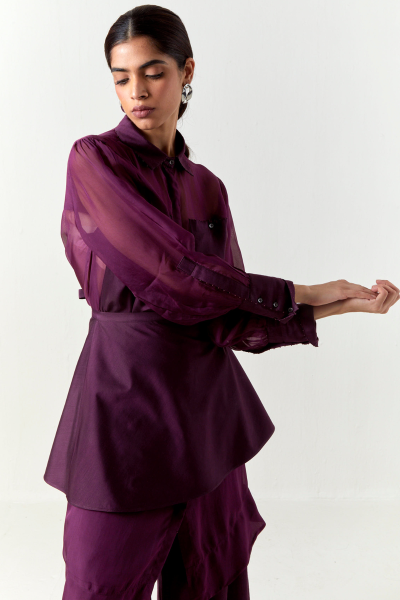 BEADED COLLAR SHEER SHIRT CO-ORD-WINE organza by THREE for women in Singapore