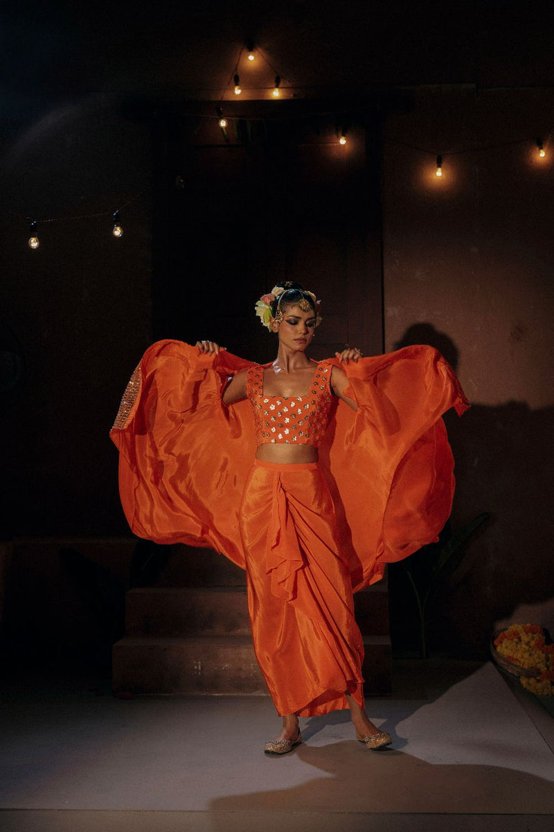Mangala Blouse Skirt & Cape Set- Orange