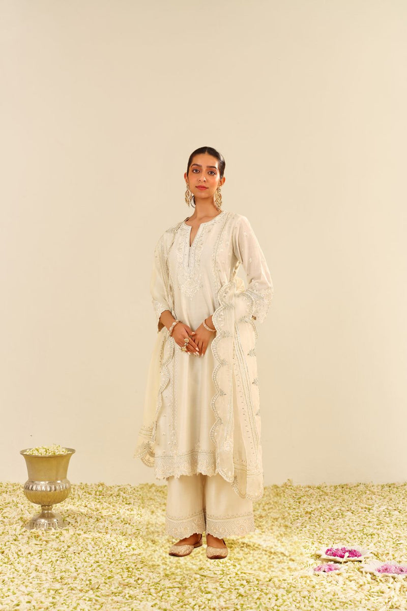Sumaiya - A-Line Kurta With Palazzo And Dupatta-Daisy Ivory silk by SHEETAL BATRA in ivory color for women in Singapore