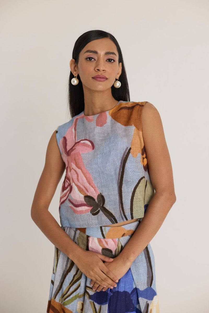 NICO LINEN TOP & SKIRT SET linen by Yam in blue color for women in Singapore