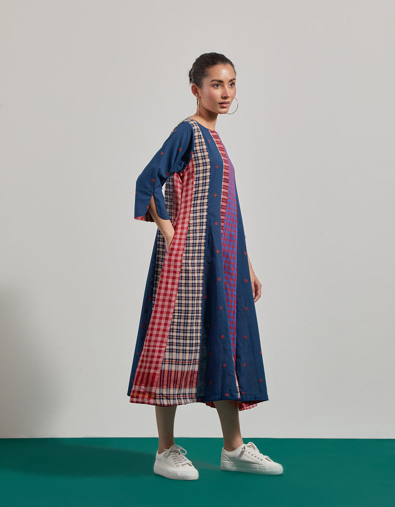 Deep Sea 16 Panelled Dress cotton,gamcha dress by 145 East in blue for women in Singapore