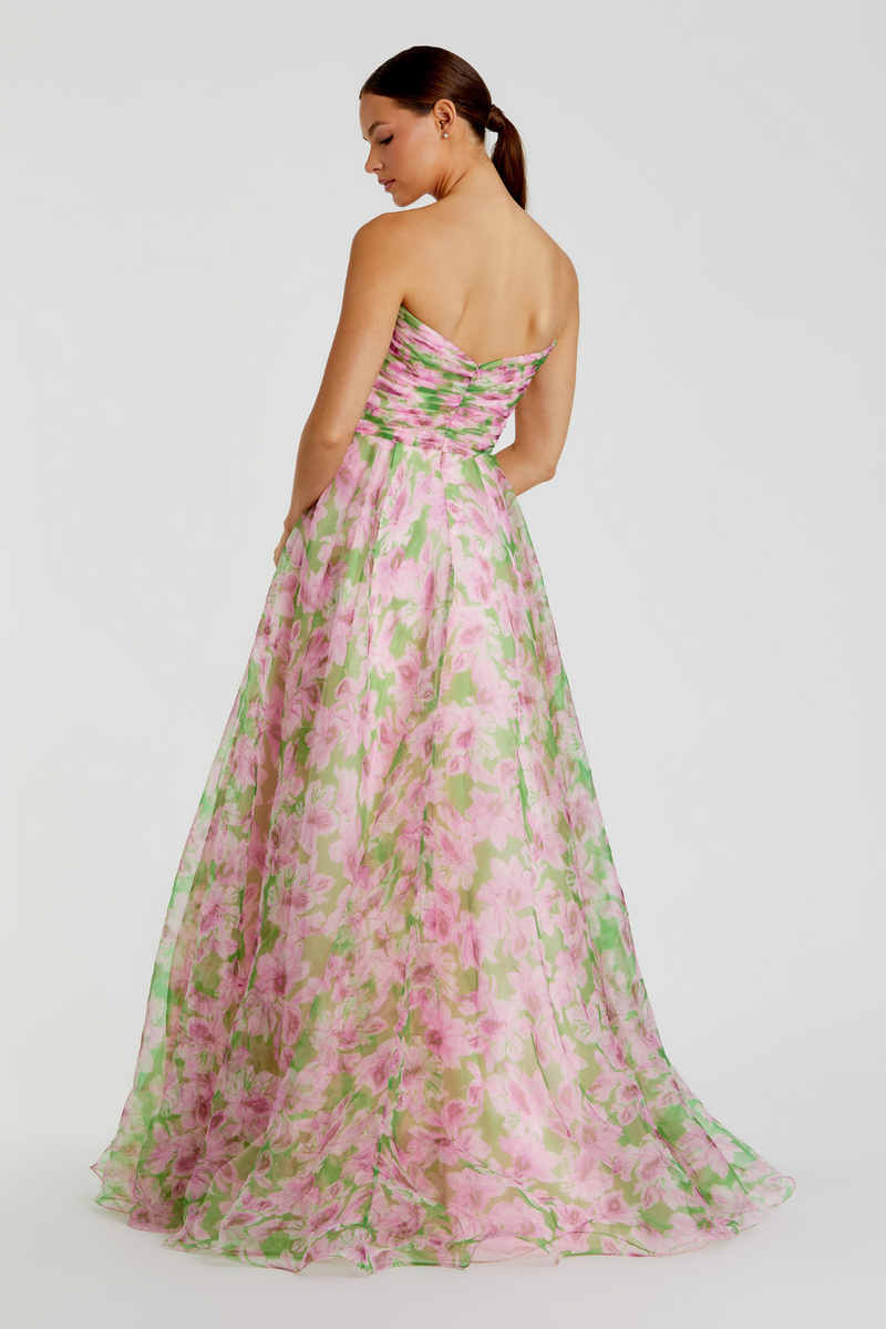 30783-Chiffon Gown with Ruffle Detail-Pink Multi mul by Mac Duggal in pink color for women in Singapore
