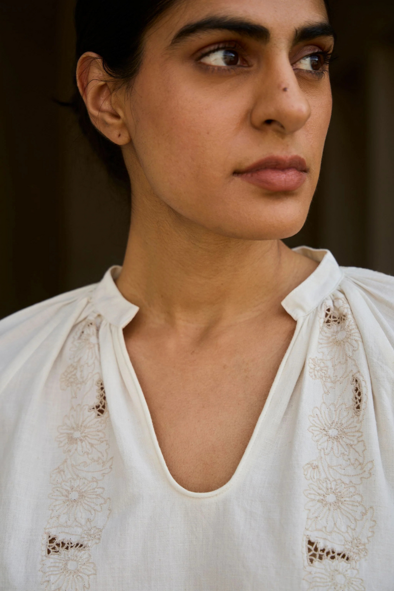 Bheer Handwoven Embroidered Top cotton by The Summer House in white color for women in Singapore