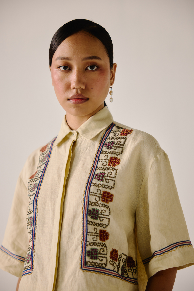 Ava Shirt - Ivory Cross Stitch Emb linen by CORD in ivory for women in Singapore