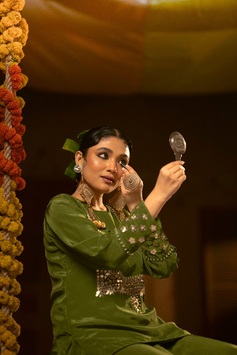 Sunira Green Tunic Top & Dhoti Skirt Set- Mehendi