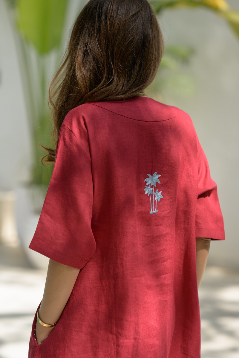 Sundown Palm Dress linen dress by Zanzibar Living in crimson red for women in Singapore