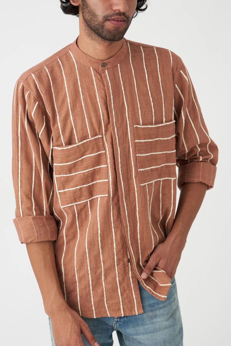 ASYMMETRIC POCKET DETAIL SHIRT - CHAMPANGE by THREE Men for men in Singapore