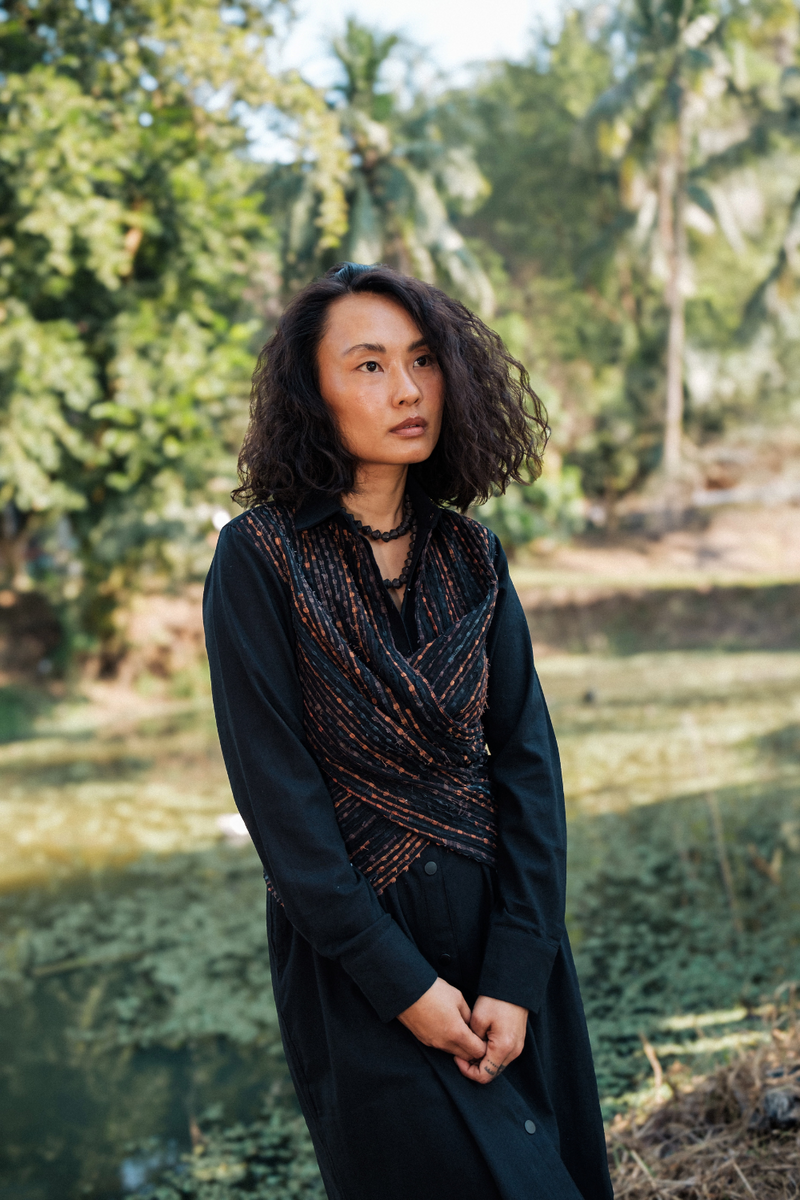 Upcycled Handwoven Seattle Wrap Calf Dress - Black Copper cotton by The Terra Tribe in black color for women in Singapore