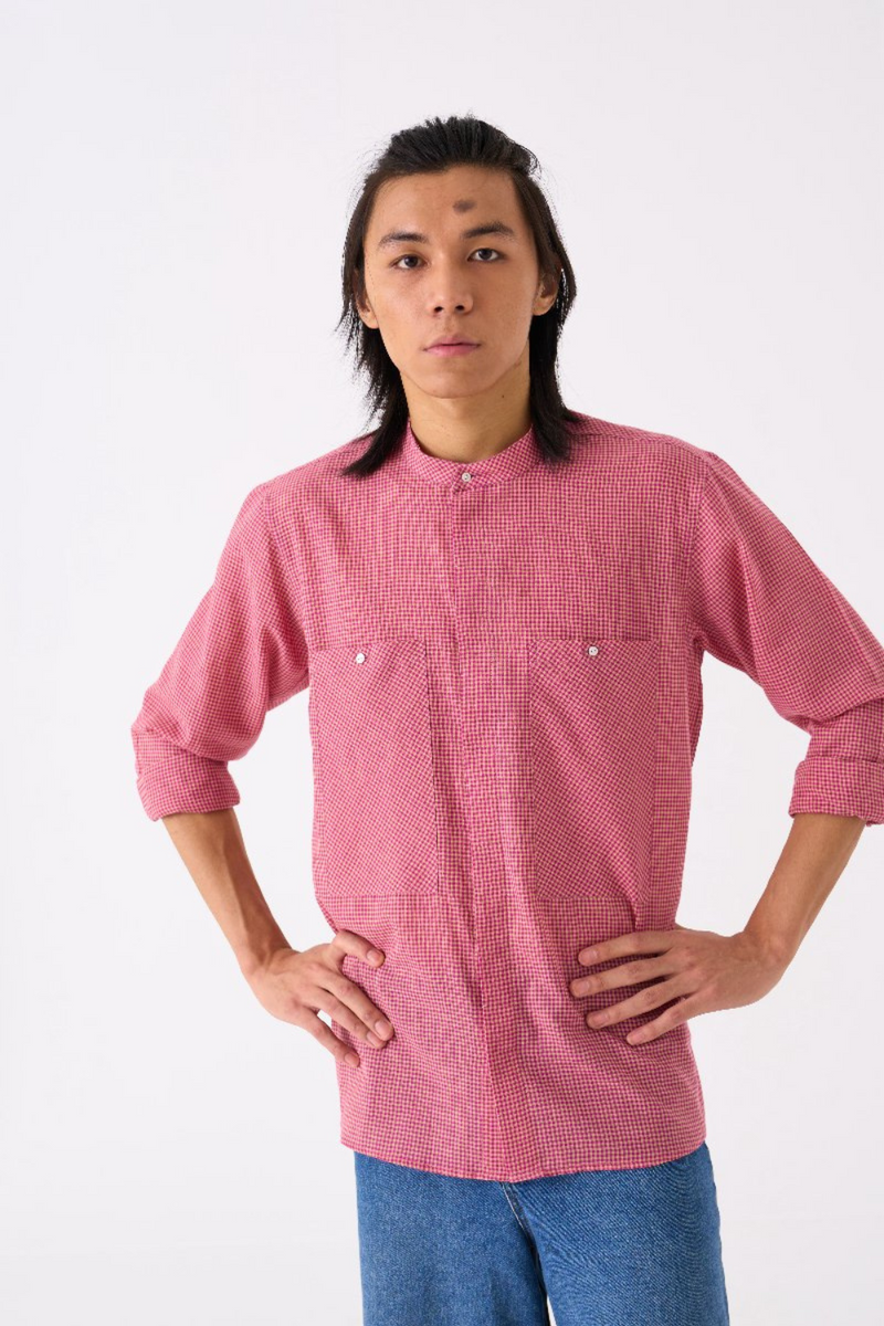 BAND COLLAR SHIRT - PINK CHECK by THREE Men for men in Singapore