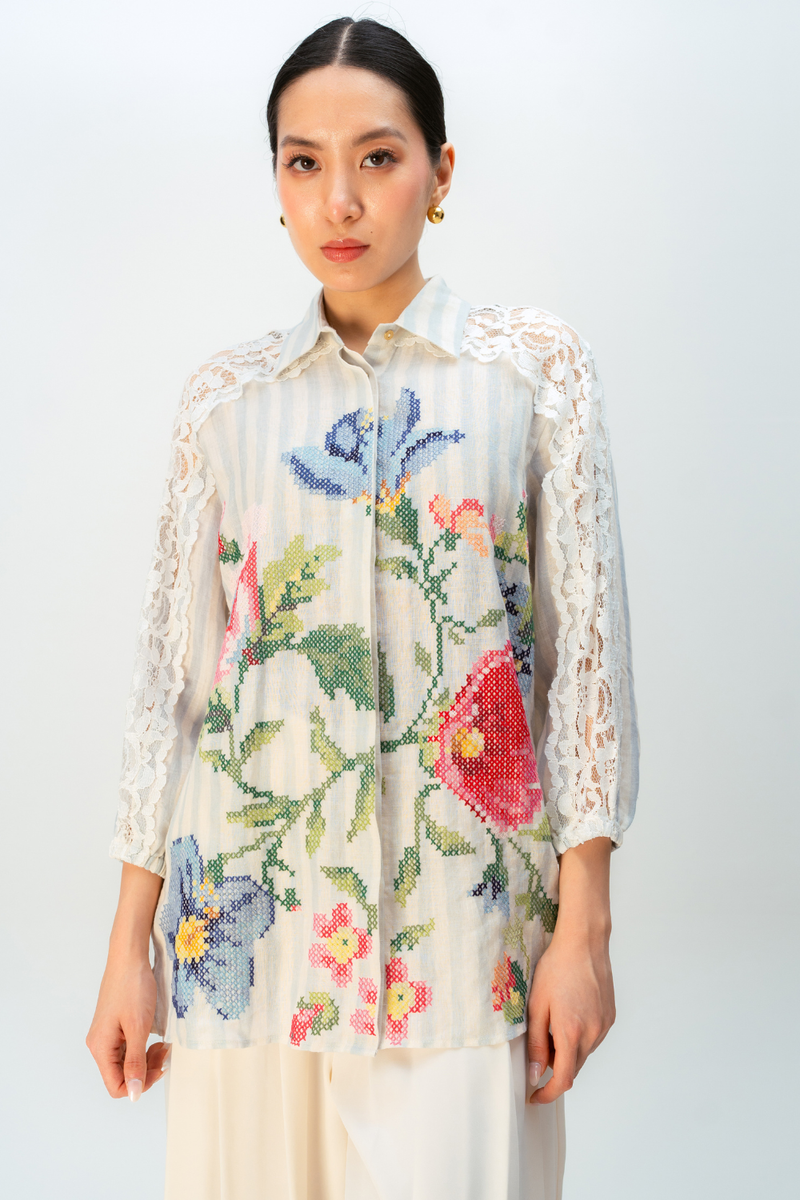 BLUSHING PETAL SHIRT linen top/shirt by Ode to Odd in blue for women in Singapore