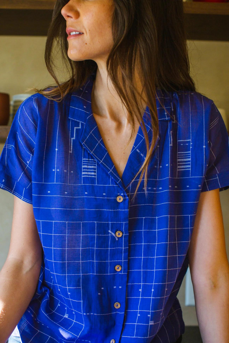 Boro boro shirt-Blue 100% cotton by World of Crow in blue color for women in Singapore
