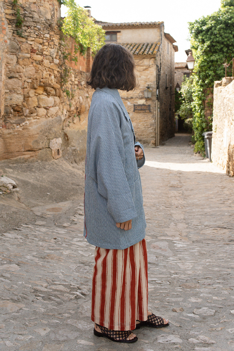 The Artist Coat-Blue Stripe handwoven cotton jacket/overlay by World of Crow in multicolor for women in Singapore