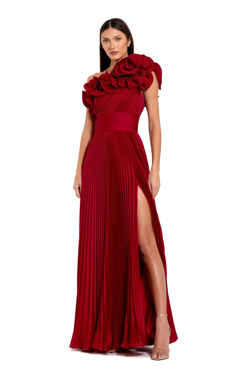 49902-Pleated Charmeuse One Shoulder Ruffle Gown by Mac Duggal in red color for women in Singapore