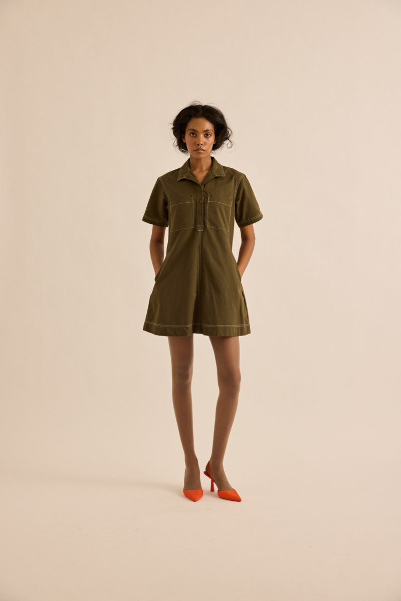 Chive Dress twill dress by Khara Kapas in olive for women in Singapore