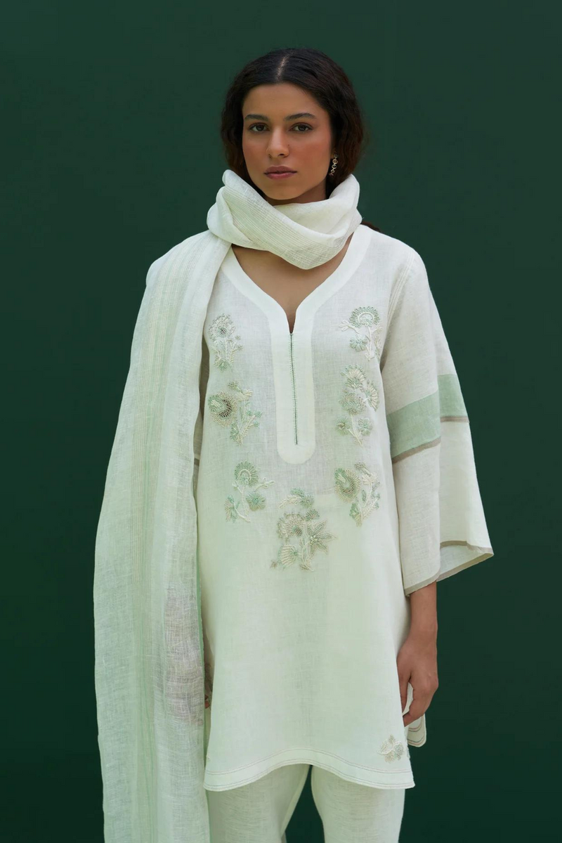 Insha Hand-Embroidered Kurta
- Ivory linen by Manan in ivory color for women in Singapore