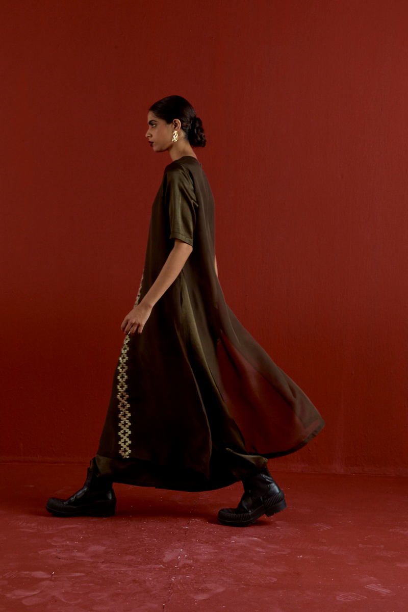 GOTA PATTI DETAIL DOUBLE LAYER DRESS-DARK OLIVE satin by THREE in olive color for women in Singapore