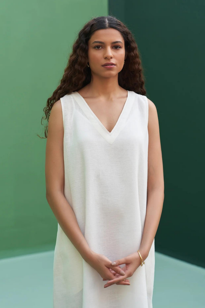 Jin Border Linen Dress 
- Ivory linen by Manan in ivory color for women in Singapore