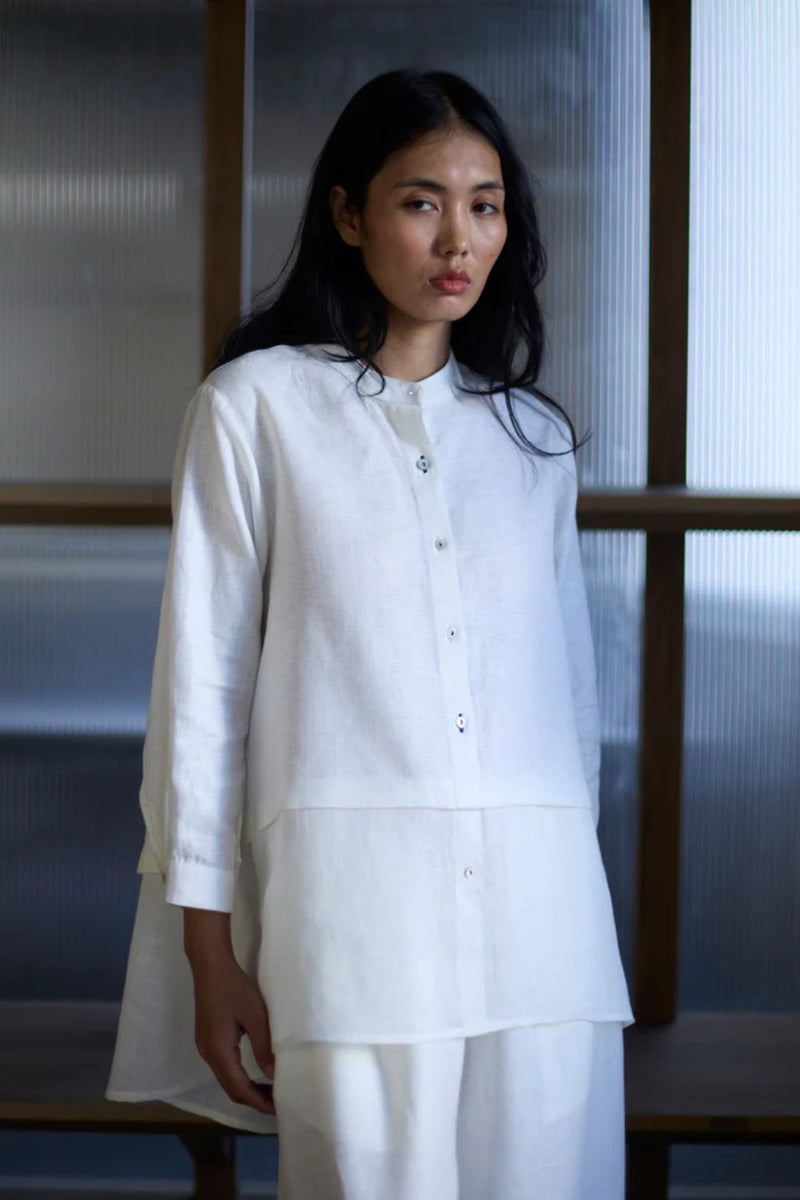 Anaya Linen A-Line Shirt - Ivory linen by Manan in white color for women in Singapore