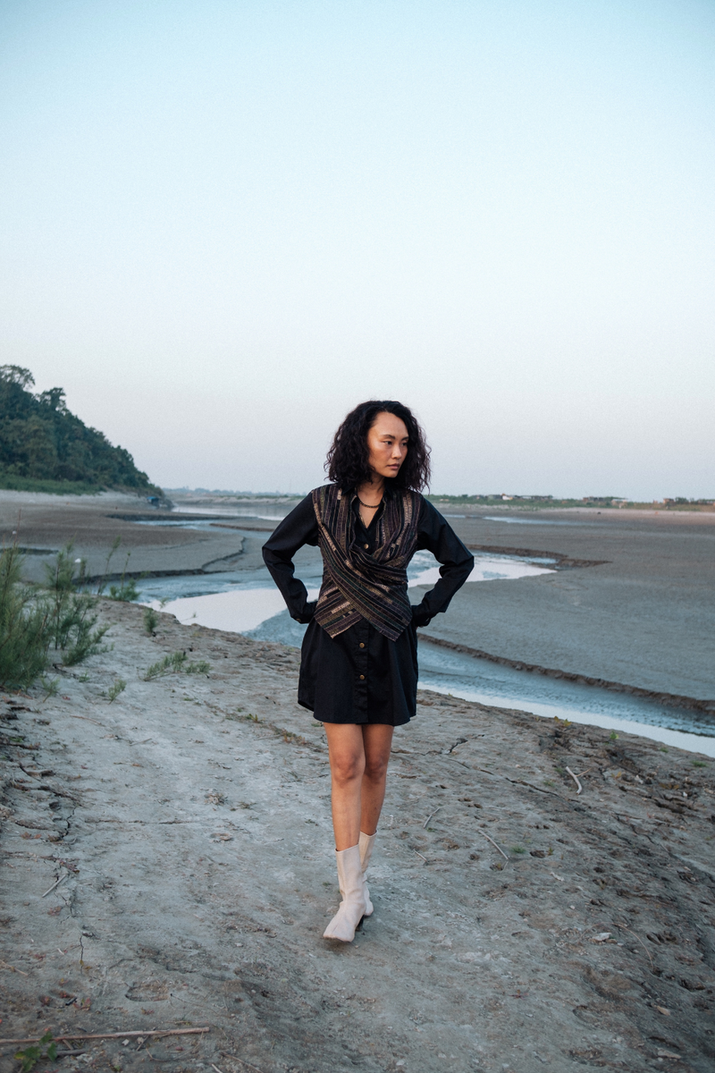 Upcycled Seattle Wrap Short Dress - Black Green cotton by The Terra Tribe in green color for women in Singapore