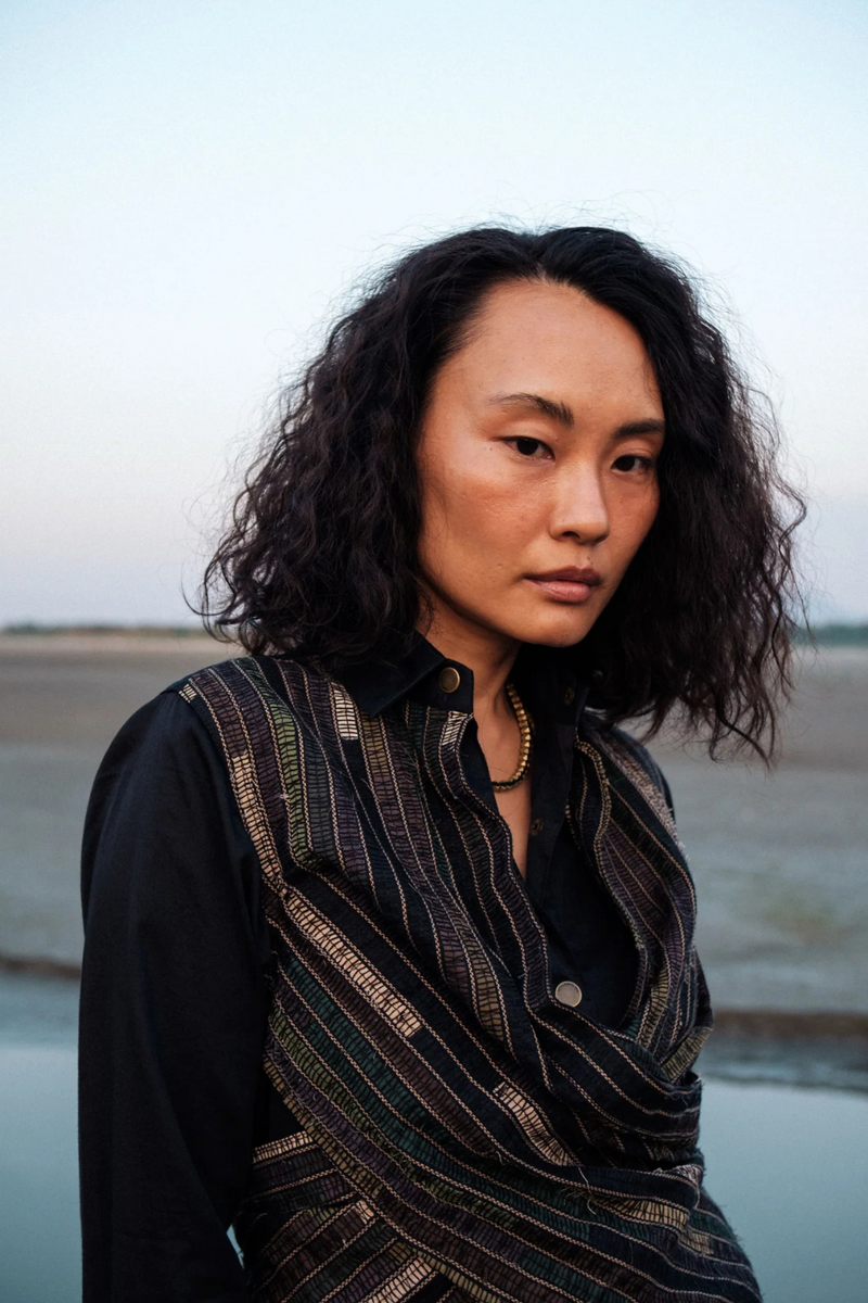 Upcycled Handwoven Seattle Wrap Calf Dress - Black Green cotton by The Terra Tribe in green color for women in Singapore