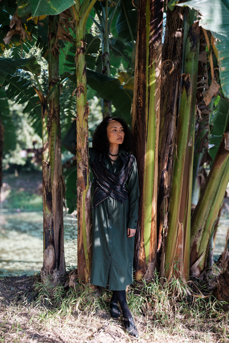 Upcycled Handwoven Seattle Wrap Calf Dress - Green cotton by The Terra Tribe in green color for women in Singapore