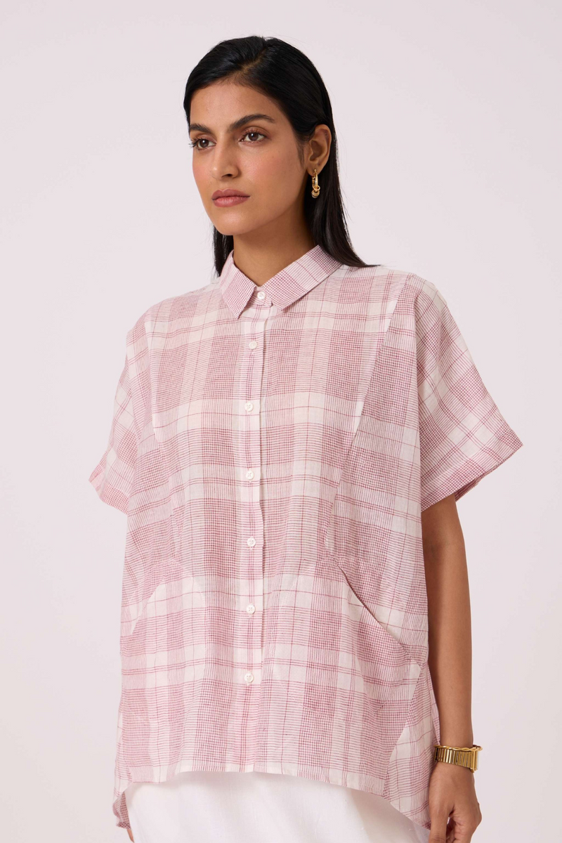 Sibyl Checkered Handwoven Shirt cotton by The Summer House in red color for women in Singapore