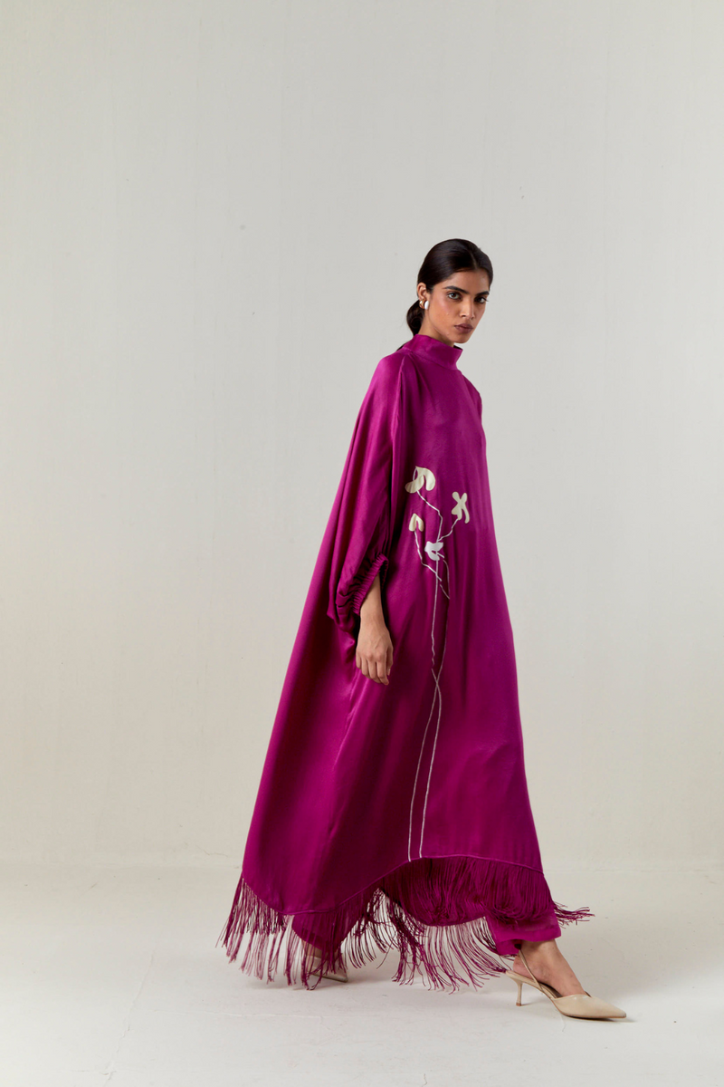 FLORAL FRINGE KAFTAN CO-ORD-FUCHSIA satin by THREE for women in Singapore