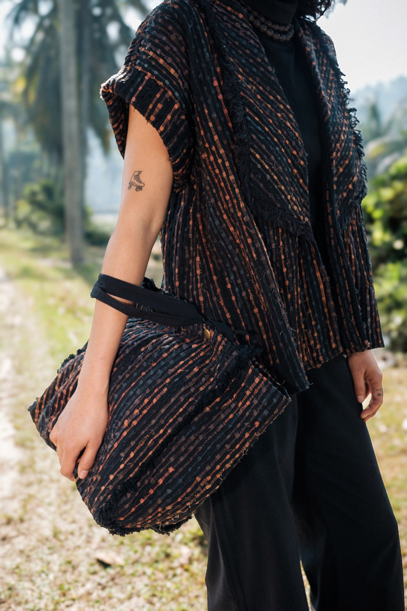 Upcycled Handwoven Berlin shawl collar top - Copper cotton by The Terra Tribe for women in Singapore