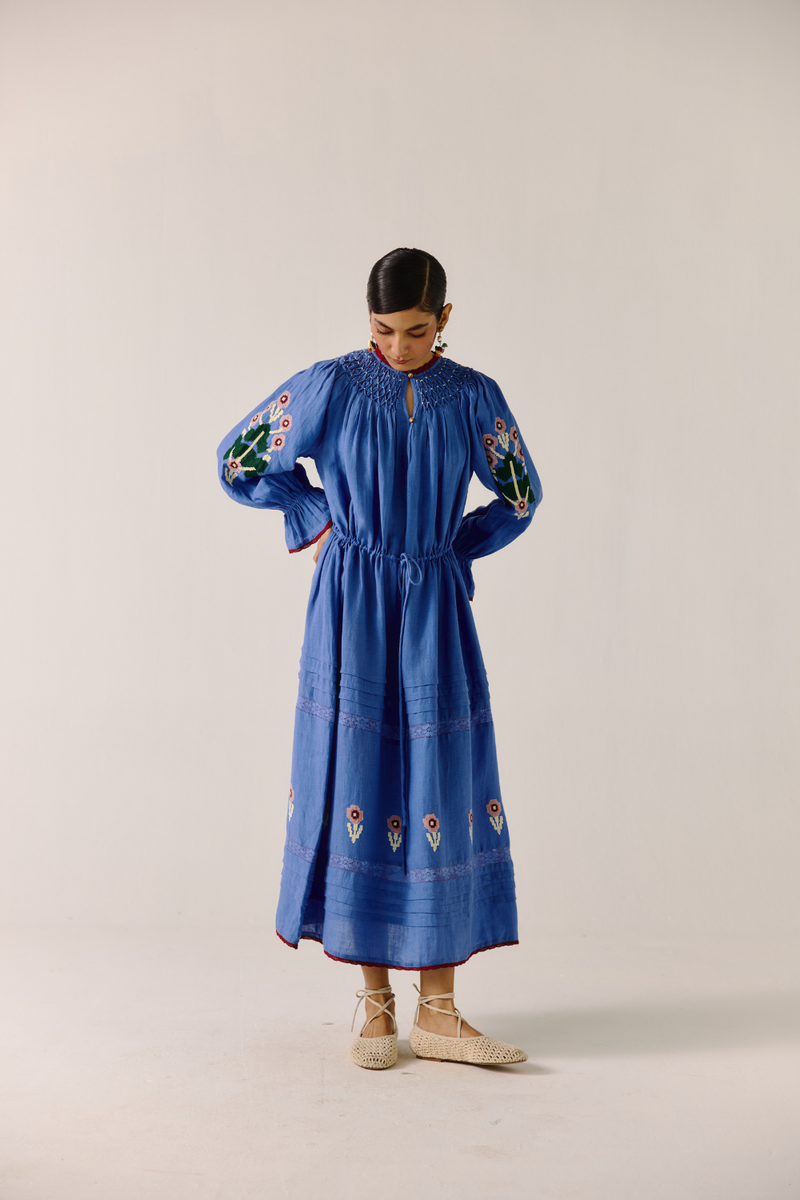 Edith Dress - Electric Blue Pixel Applique linen by CORD in blue for women in Singapore