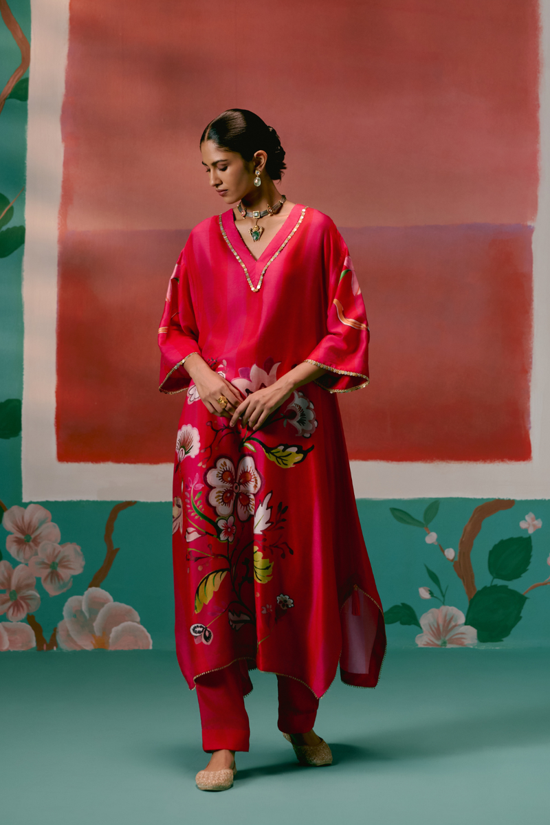 Fuschia Striped Floral Kaftan Set Buy Fuschia Striped Floral Kaftan Set from C&W | Co-Ord Sets for Women by Label Mogra for women in Singapore