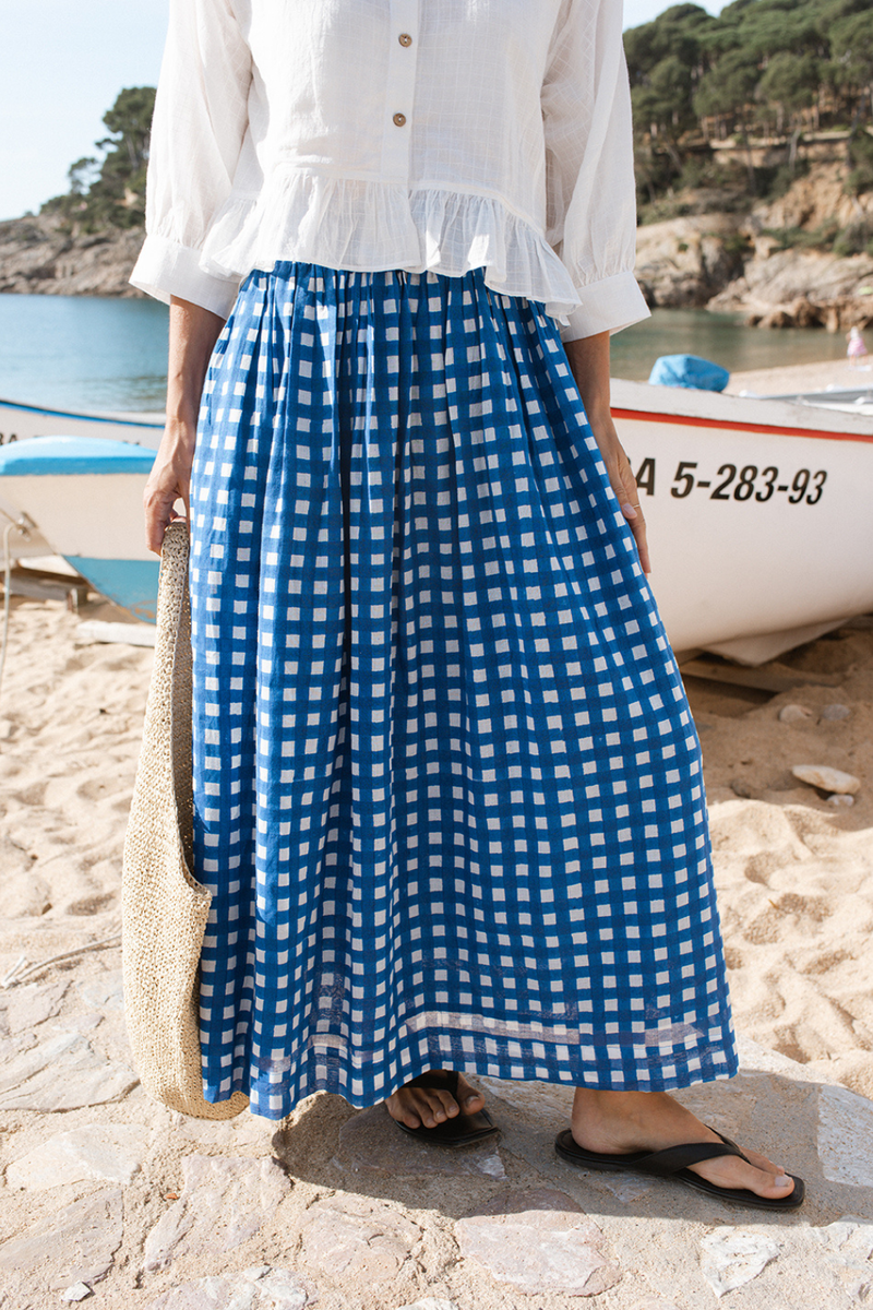 Oxford Skirt-Blue Checks handwoven cotton skirt by World of Crow in multicolor for women in Singapore