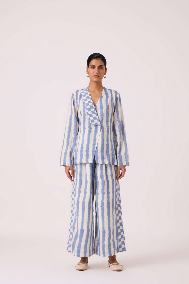 Dimtri Blue Striped Ikat Jacket cotton by The Summer House in blue color for women in Singapore