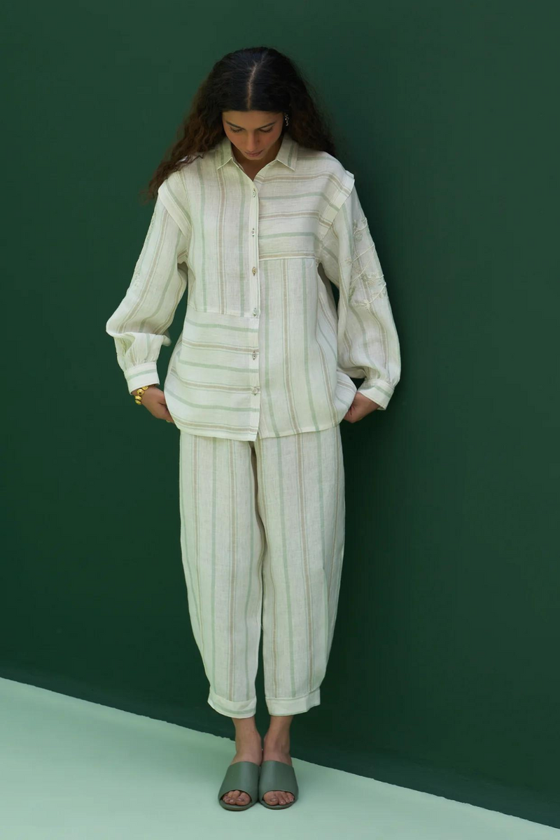Akra Striped Linen Shirt
- Mint linen by Manan in mint color for women in Singapore