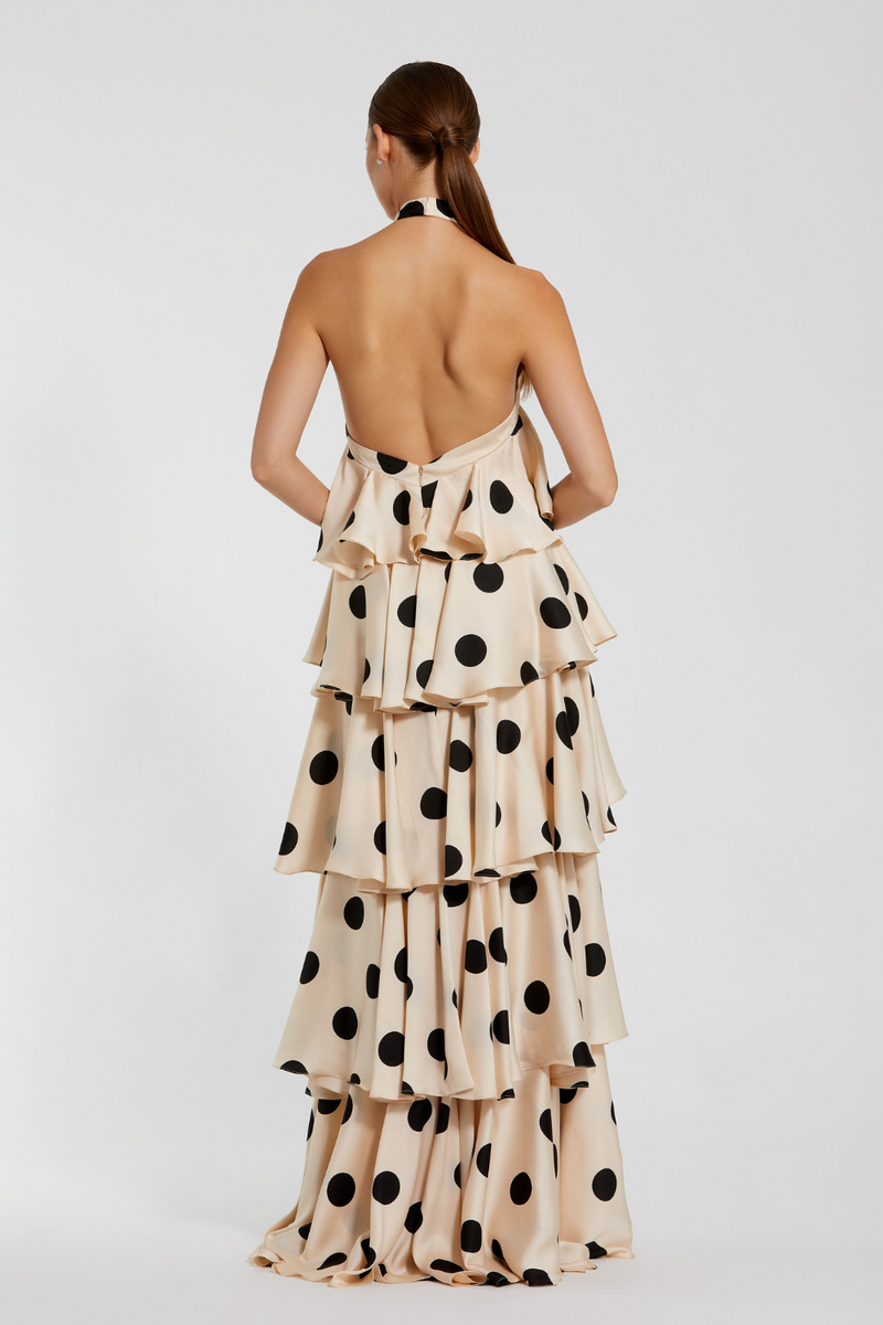 27540-Polka Dot Charmeuse Gown-Cream Black by Mac Duggal in black color for women in Singapore