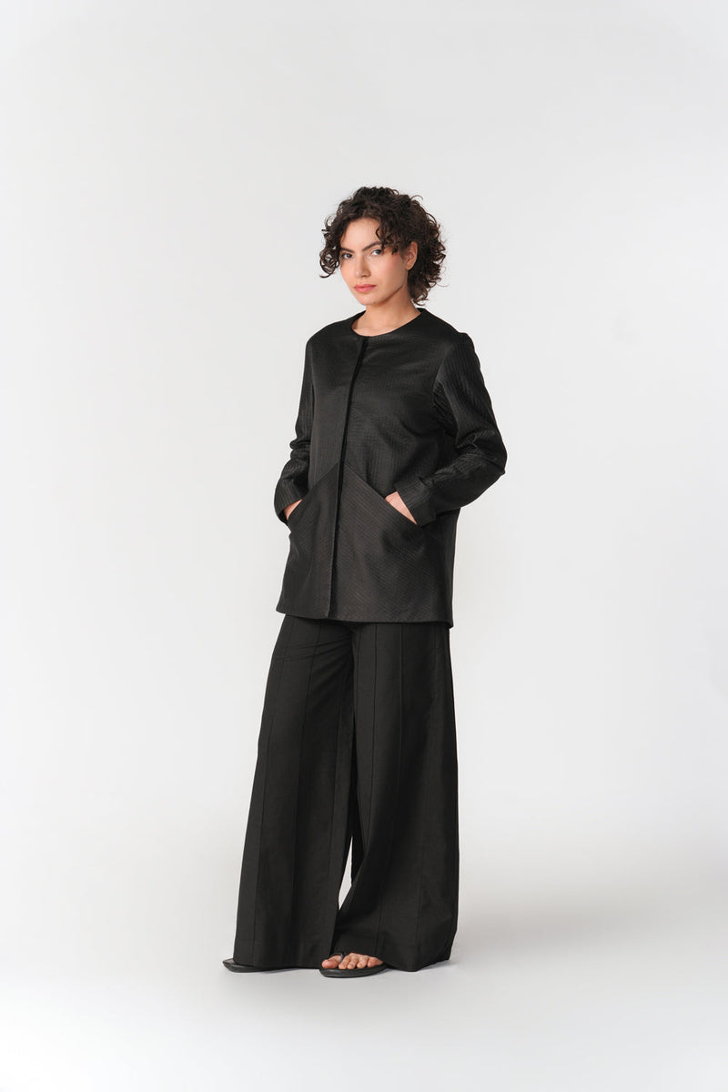 Round Neck Mashru Jacket jacket/overlay by Turn Black in black for women in Singapore