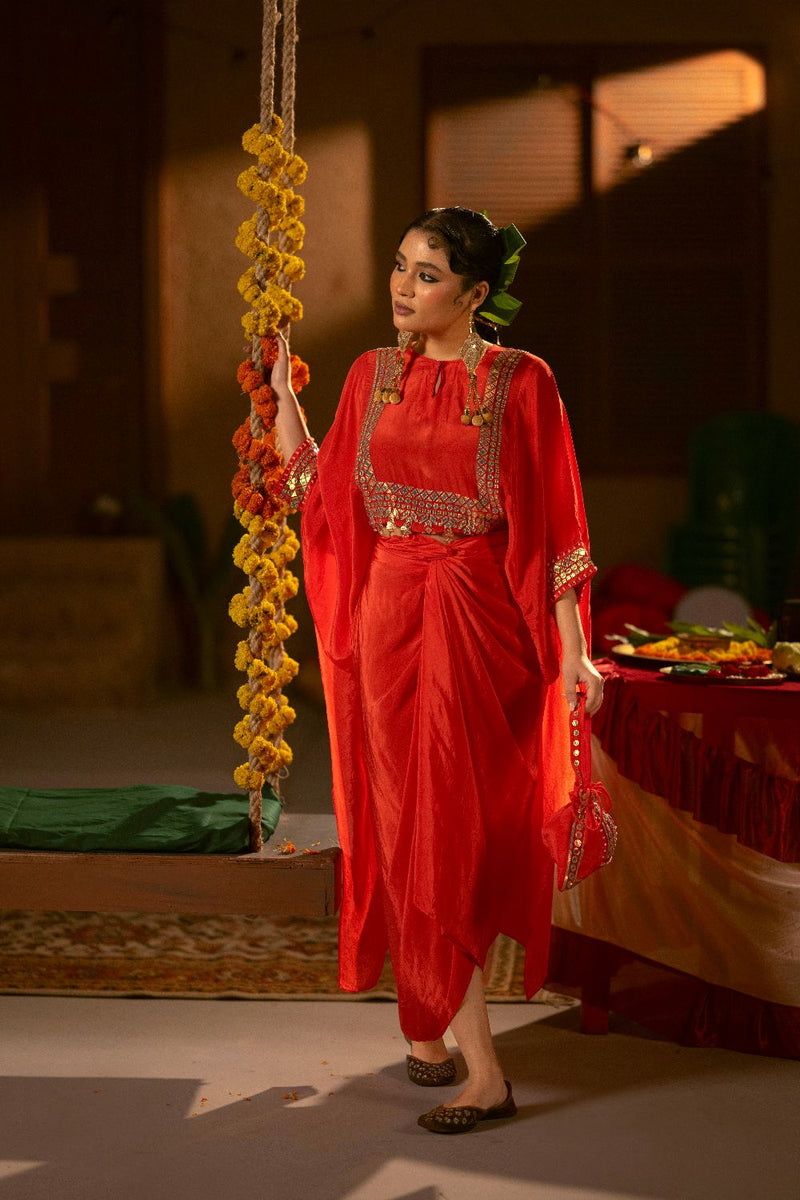 Ramani Nexa Red Hi Low Top & Wrap Skirt Set- Red