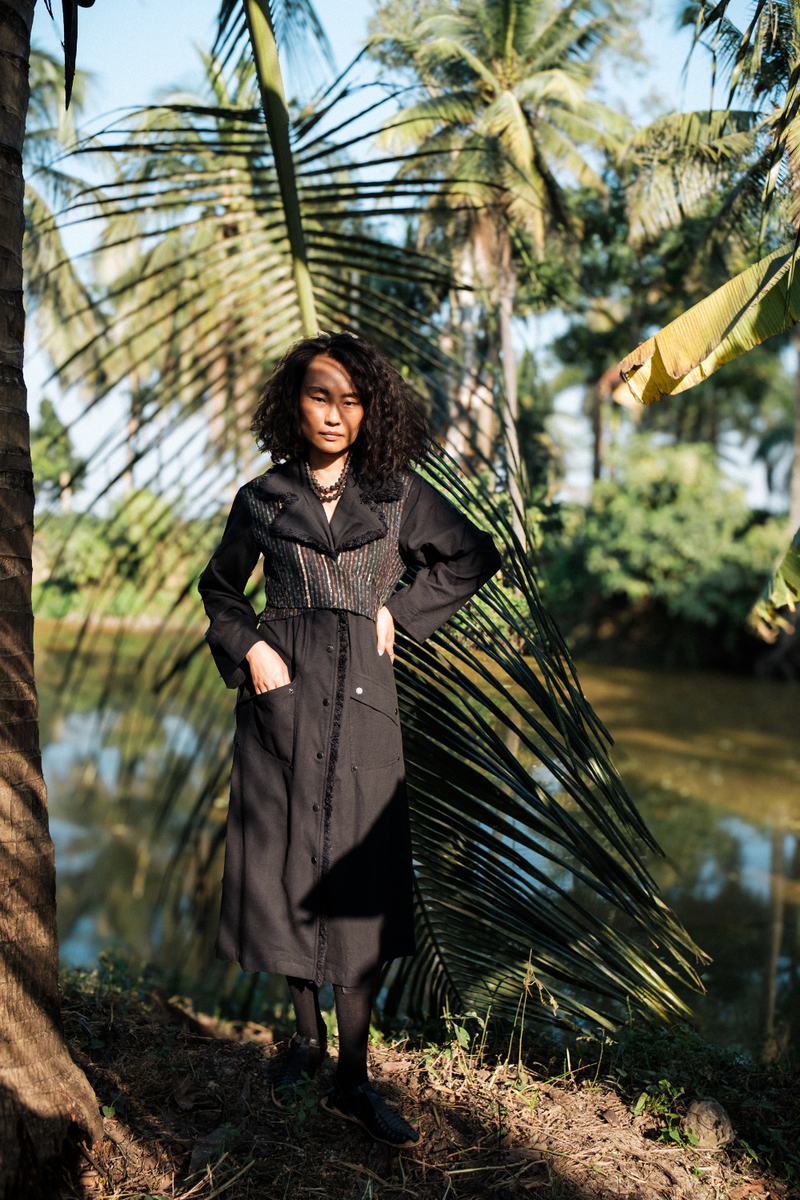 Upcycled Handwoven Copenhagen Trench - Black Green cotton by The Terra Tribe in green color for women in Singapore