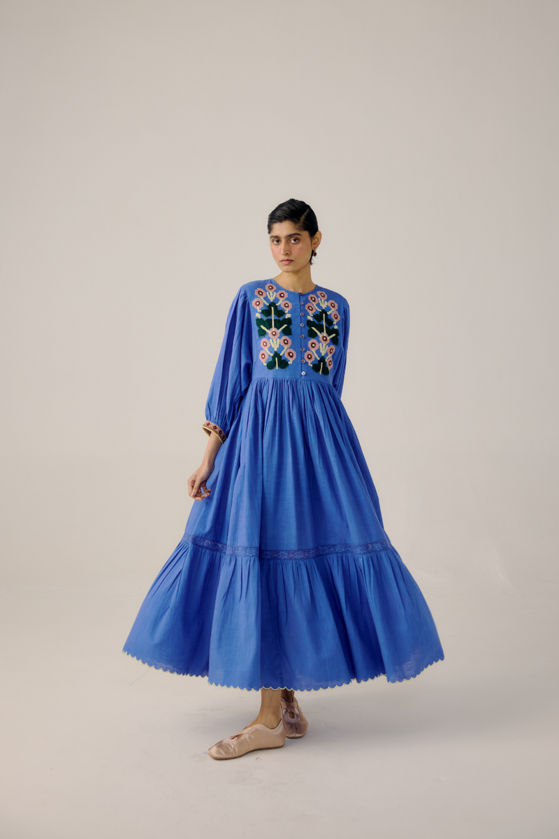 Peasant Dress - Electric Blue linen by CORD in blue for women in Singapore