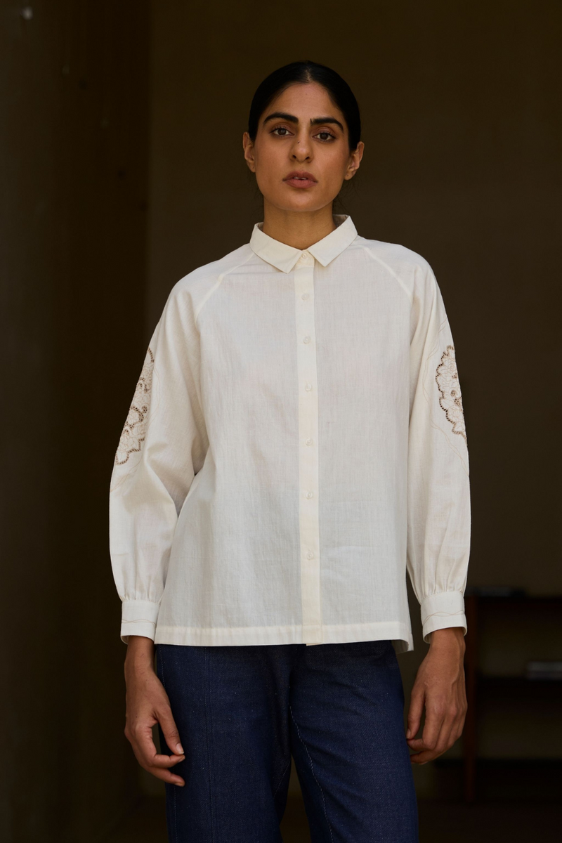 Yeji Handwoven Embroidered Shirt cotton by The Summer House in white color for women in Singapore