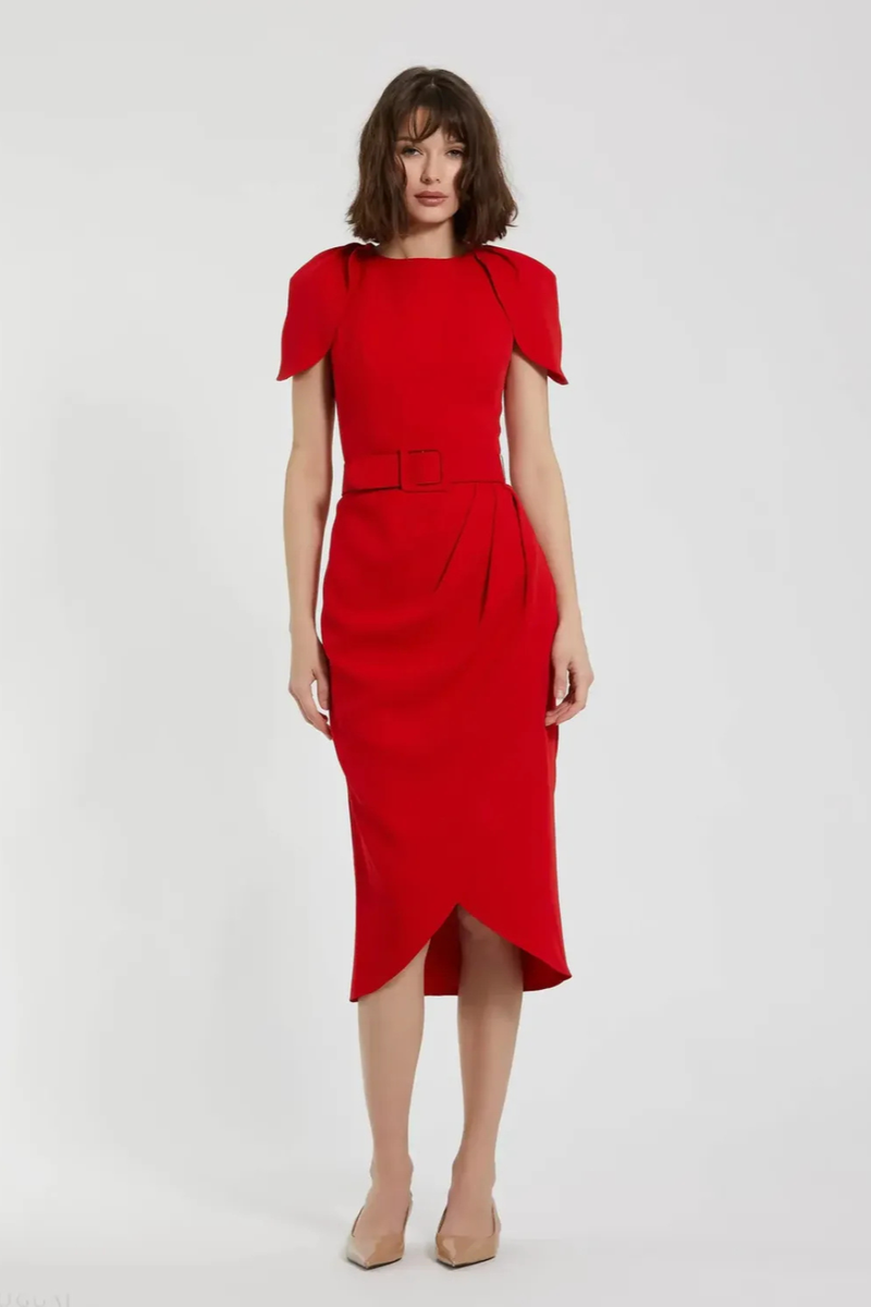 Red Crepe Boat Neck Midi Tulip Dress With Belt by Mac Duggal in red color for women in Singapore