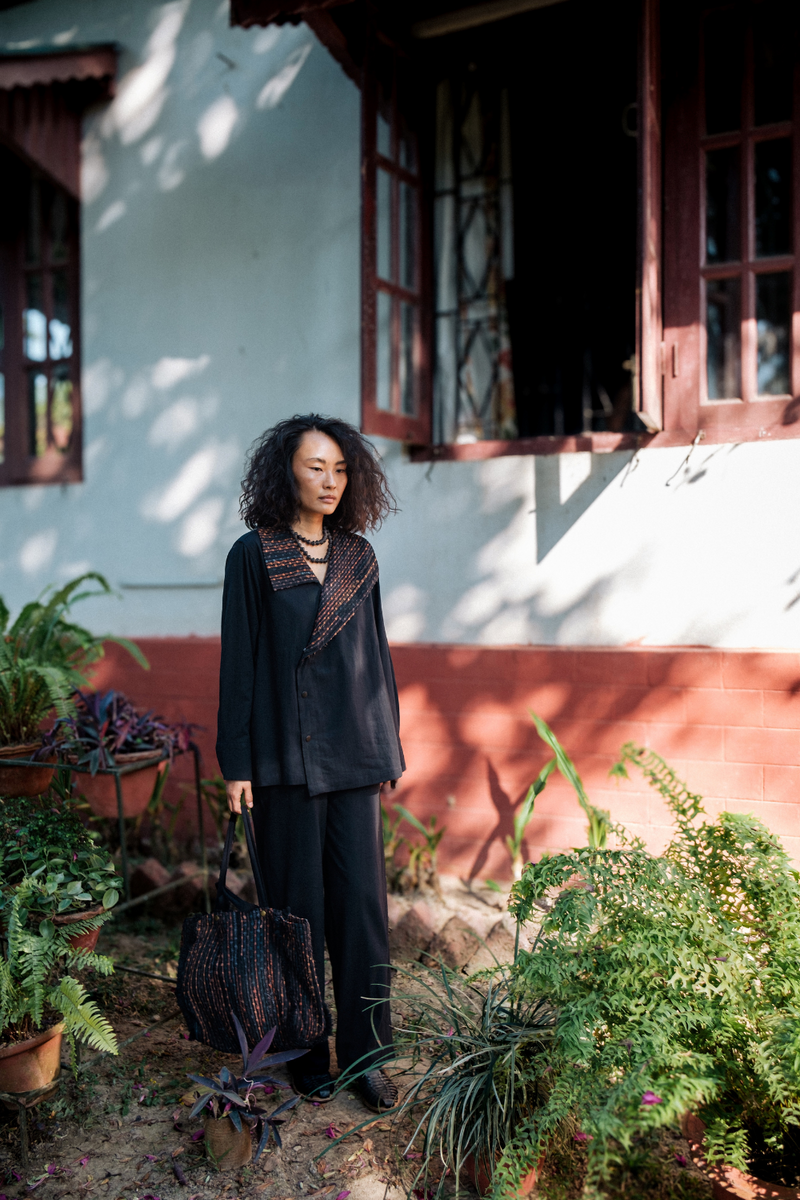 Upcycled Handwoven Arrow collar shirt - Black Copper cotton by The Terra Tribe in black color for women in Singapore