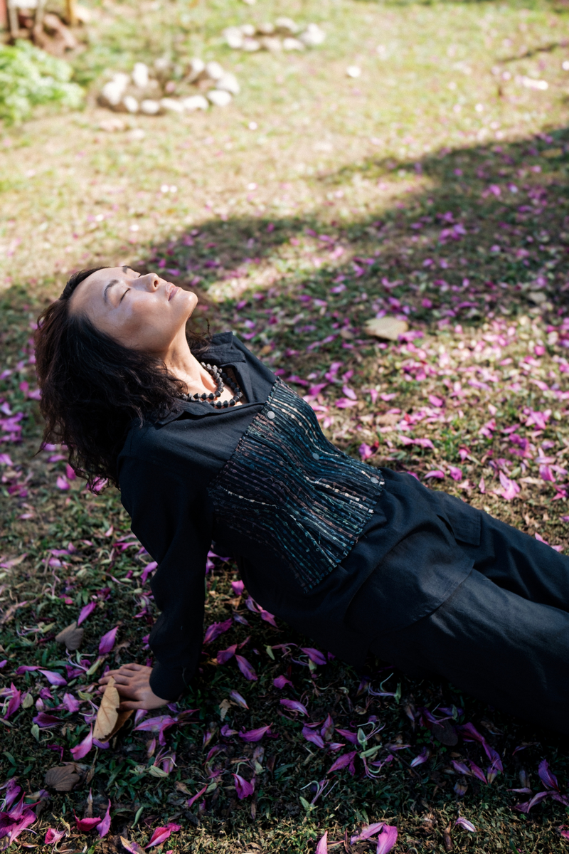 Upcycled Handwoven Hunza Shirt - Black Green cotton by The Terra Tribe in green color for women in Singapore