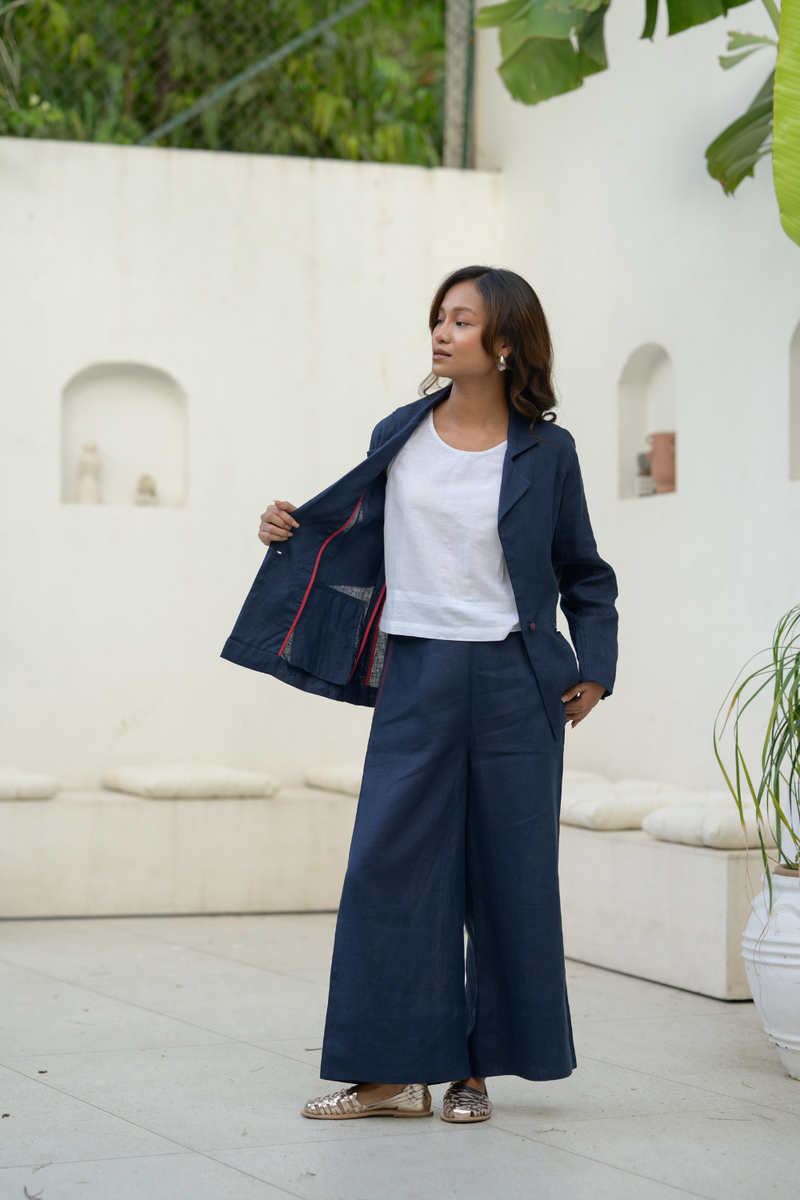 Midnight Line Suit linen co-ord set by Zanzibar Living in midnight blue for women in Singapore
