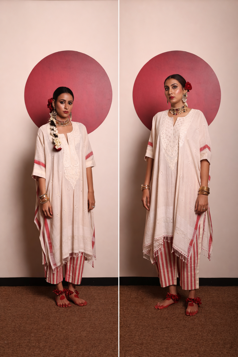 Off-white Organic kurta & Striped Pant-Narrow Embroidered Yoke