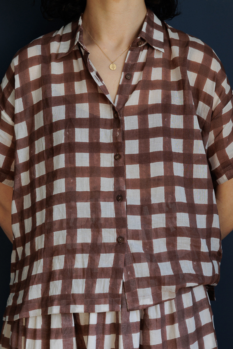 Easy Shirt-Brown Checks handwoven cotton top/shirt by World of Crow in brown for women in Singapore