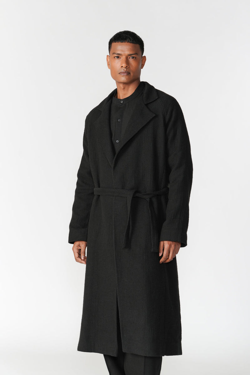 Chenille Notch Lapel Long Overcoat jacket/overlay by Turn Black in black for men in Singapore