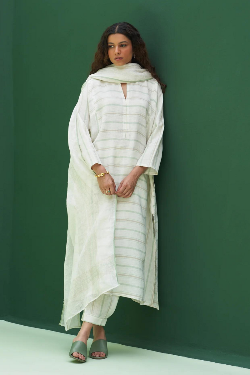 Ezra Striped Linen Kurta Set - Mint linen by Manan in mint color for women in Singapore
