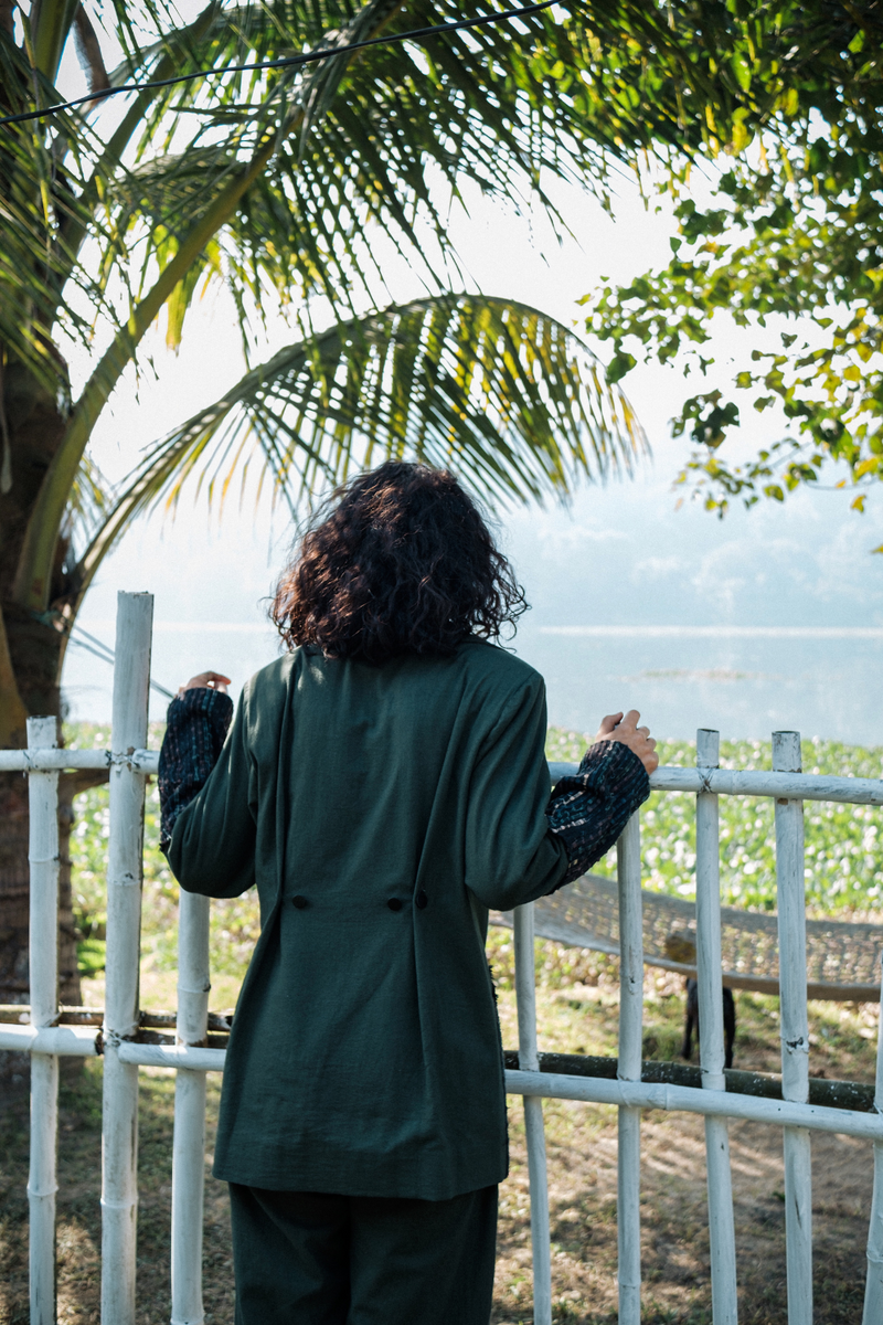 Upcycled Handwoven Ying Yang Blazer - Green cotton by The Terra Tribe in green color for women in Singapore
