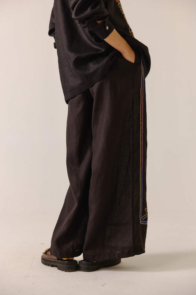 Lounge Pants - Black Cross Stitched Embroidery linen by CORD in black for women in Singapore