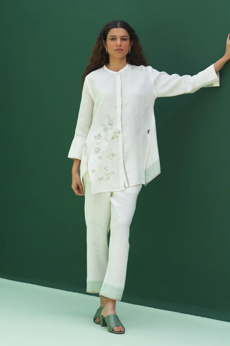 Noi Hand-Embroidered Linen Co-ord Set - Ivory linen by Manan in ivory color for women in Singapore